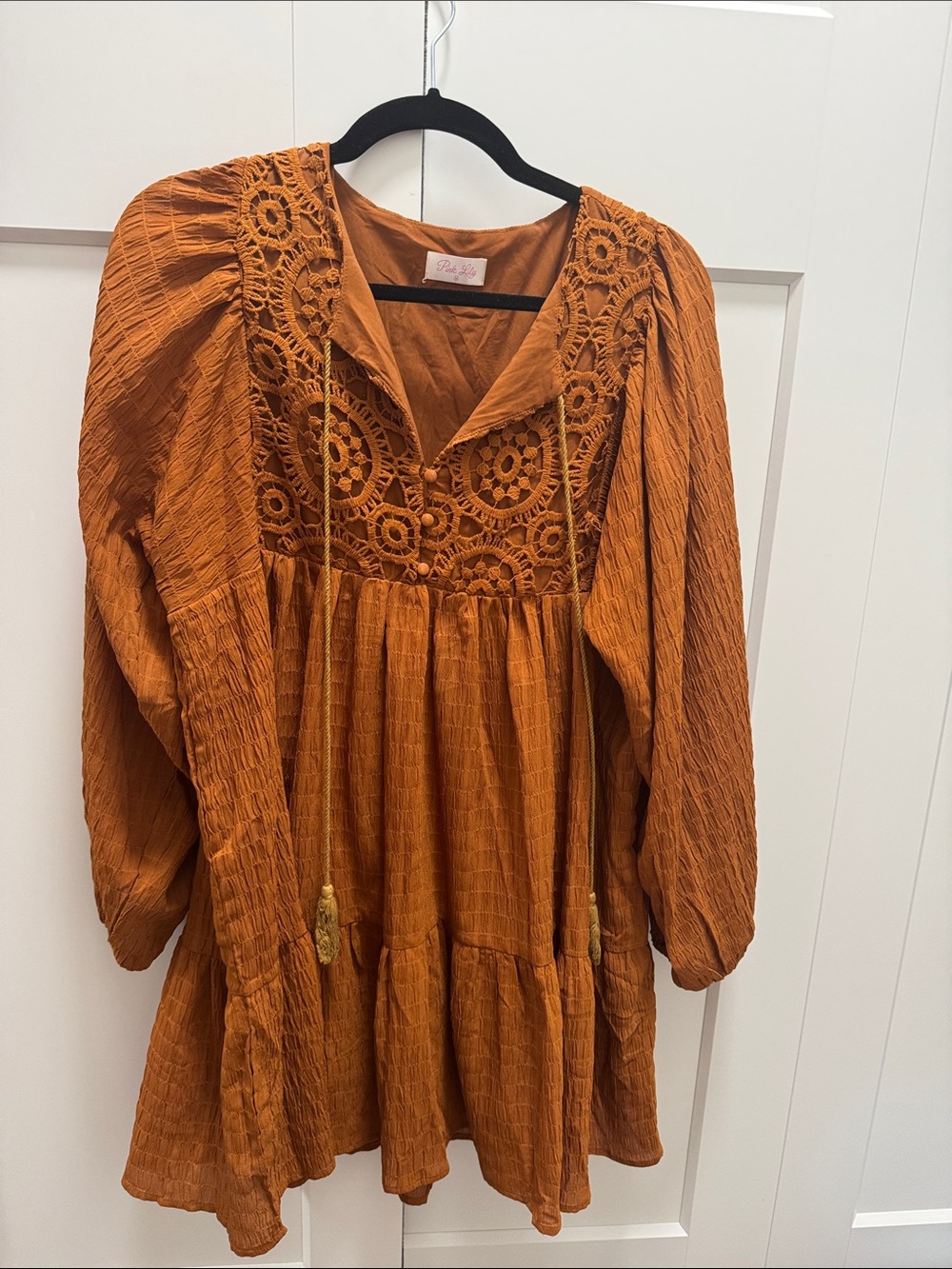 Pink Lily Rust Crochet Yoke Long Sleeve Tiered Dress